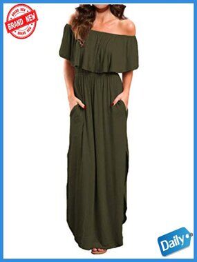 Off Shoulder Ruffle Maxi Dress with Pockets Side Split